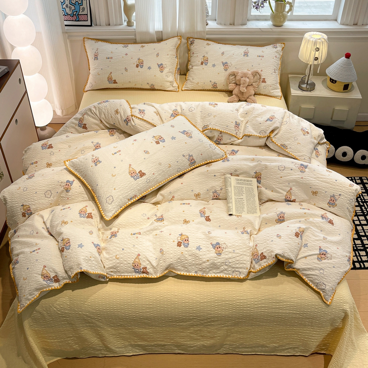 仟网汇 2026新款云感泡芙棉小清新印花贝壳边四件套 摇摇星人