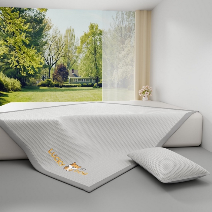 91家纺网 家纺一手货源 找家纺 福来临家纺  2026新款A类凉豆豆凉感席系列PE冰豆豆席-床笠款-床席款 幸运小狗-灰床席款