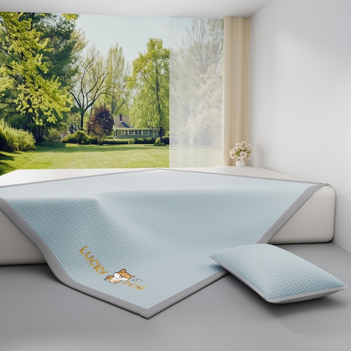 91家纺网 家纺一手货源 找家纺 福来临家纺  2026新款A类凉豆豆凉感席系列PE冰豆豆席-床笠款-床席款 幸运小狗-蓝床席款