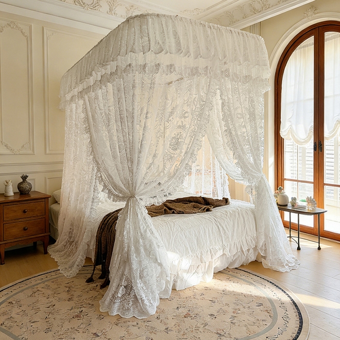 91家纺网 家纺一手货源 找家纺 都市缘蚊帐 2026新款浪漫303新款欧式蕾丝轨道蚊帐 挪威森林-奶油白