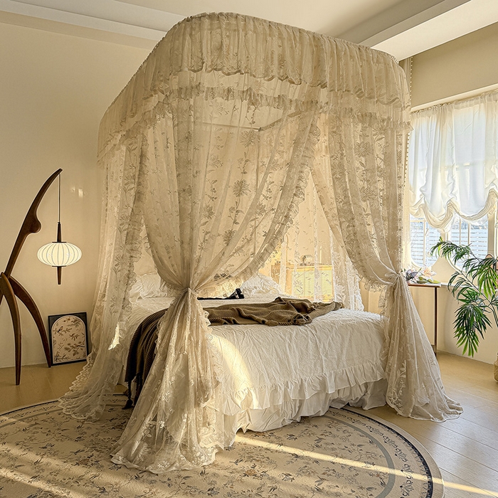 91家纺网 家纺一手货源 找家纺 都市缘蚊帐 2026新款浪漫303新款欧式蕾丝轨道蚊帐 春日里-奶油杏