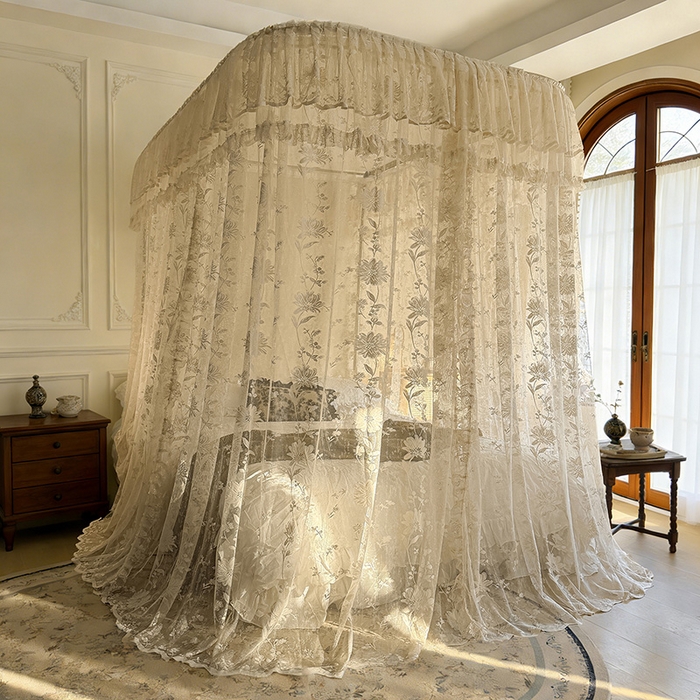 91家纺网 家纺一手货源 找家纺 都市缘蚊帐 2026新款浪漫303新款欧式蕾丝轨道蚊帐 春日里-奶油杏