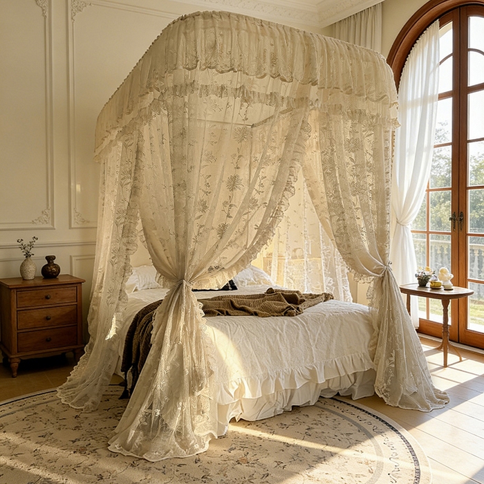 91家纺网 家纺一手货源 找家纺 都市缘蚊帐 2026新款浪漫303新款欧式蕾丝轨道蚊帐 春日里-奶油杏