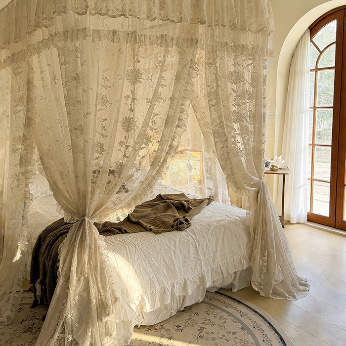 91家纺网 家纺一手货源 找家纺 都市缘蚊帐 2026新款浪漫303新款欧式蕾丝轨道蚊帐 春日里-奶油杏