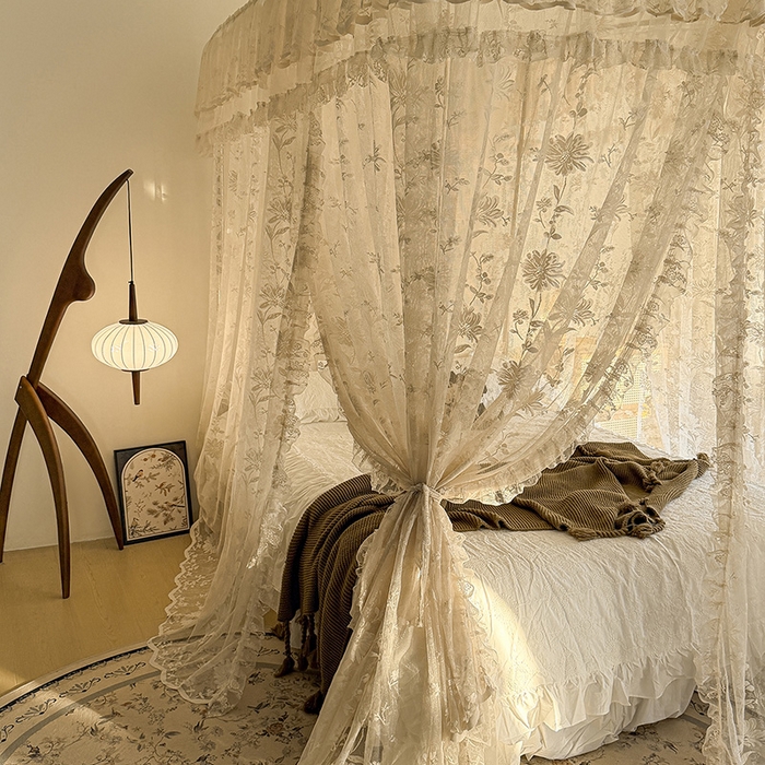 91家纺网 家纺一手货源 找家纺 都市缘蚊帐 2026新款浪漫303新款欧式蕾丝轨道蚊帐 春日里-奶油杏