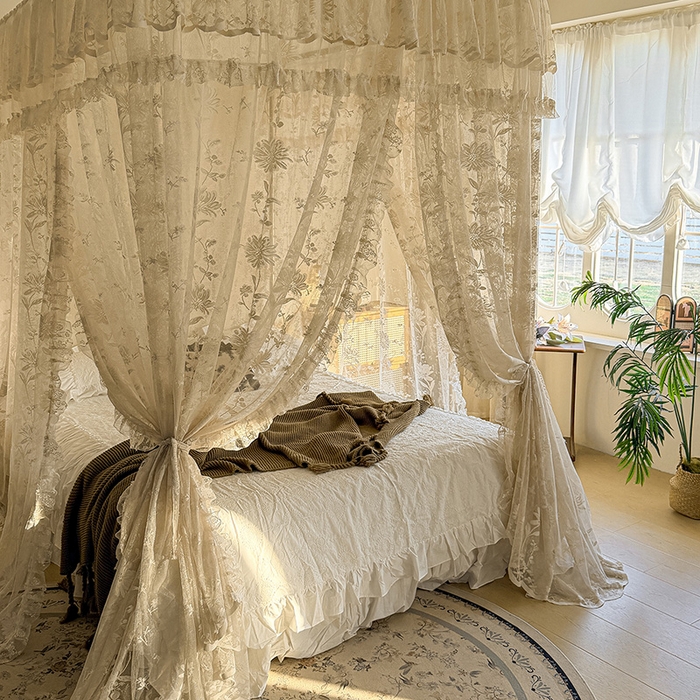 91家纺网 家纺一手货源 找家纺 都市缘蚊帐 2026新款浪漫303新款欧式蕾丝轨道蚊帐 春日里-奶油杏