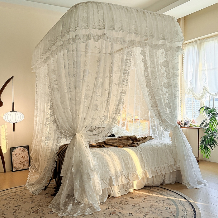 91家纺网 家纺一手货源 找家纺 都市缘蚊帐 2026新款浪漫303新款欧式蕾丝轨道蚊帐 春日里-奶油白