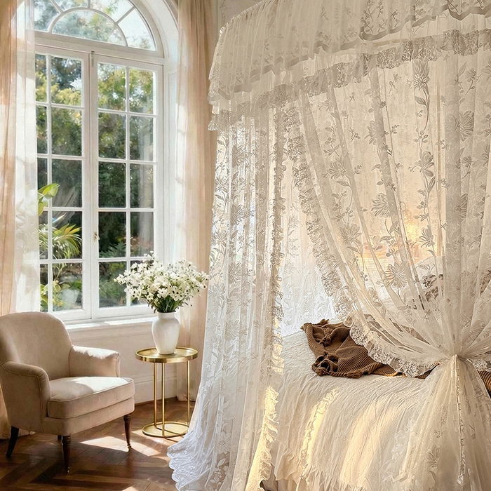 91家纺网 家纺一手货源 找家纺 都市缘蚊帐 2026新款浪漫303新款欧式蕾丝轨道蚊帐 春日里-奶油白