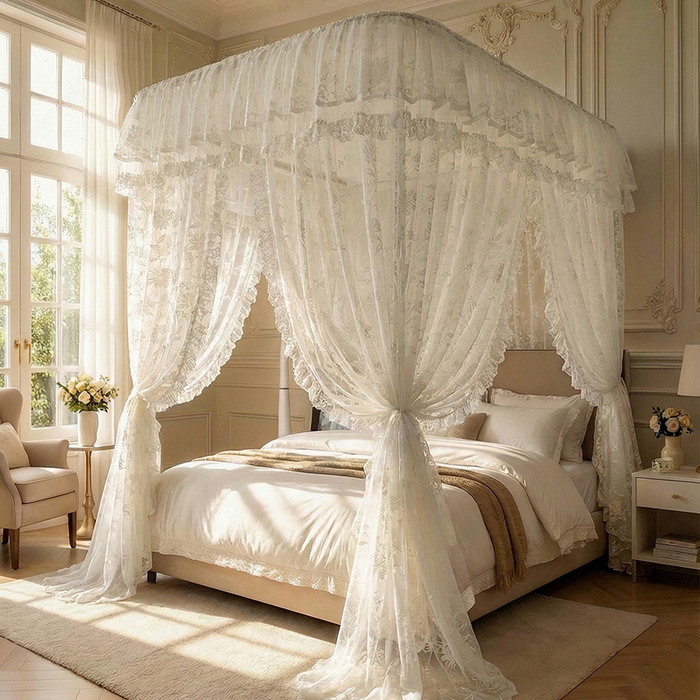 91家纺网 家纺一手货源 找家纺 都市缘蚊帐 2026新款浪漫303新款欧式蕾丝轨道蚊帐 春日里-奶油白