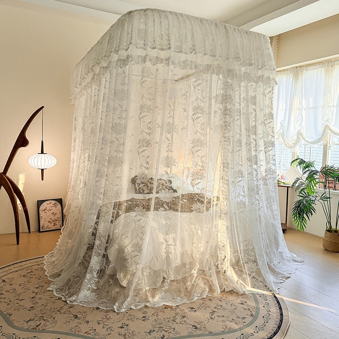 91家纺网 家纺一手货源 找家纺 都市缘蚊帐 2026新款浪漫303新款欧式蕾丝轨道蚊帐 春日里-奶油白