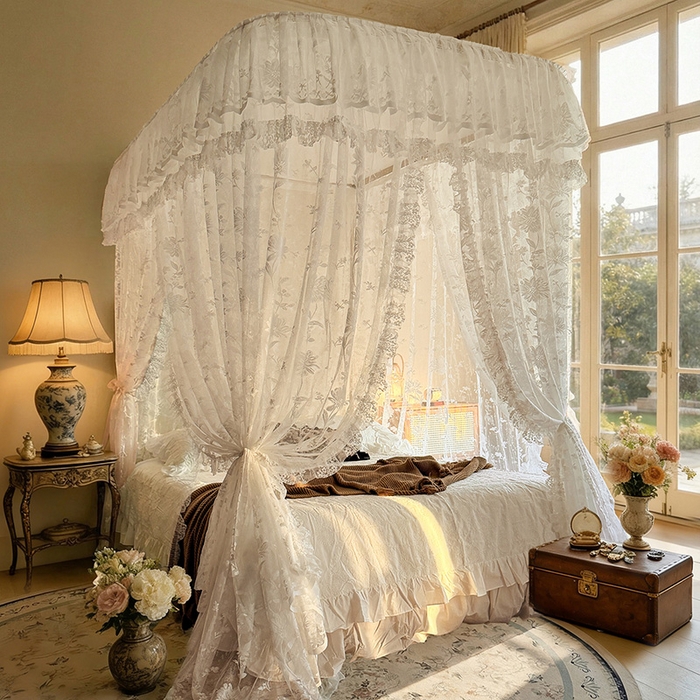 91家纺网 家纺一手货源 找家纺 都市缘蚊帐 2026新款浪漫303新款欧式蕾丝轨道蚊帐 春日里-奶油白