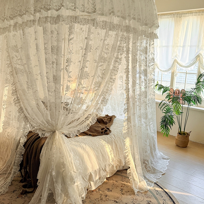 91家纺网 家纺一手货源 找家纺 都市缘蚊帐 2026新款浪漫303新款欧式蕾丝轨道蚊帐 春日里-奶油白