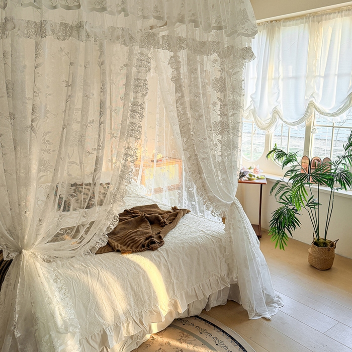 91家纺网 家纺一手货源 找家纺 都市缘蚊帐 2026新款浪漫303新款欧式蕾丝轨道蚊帐 春日里-奶油白