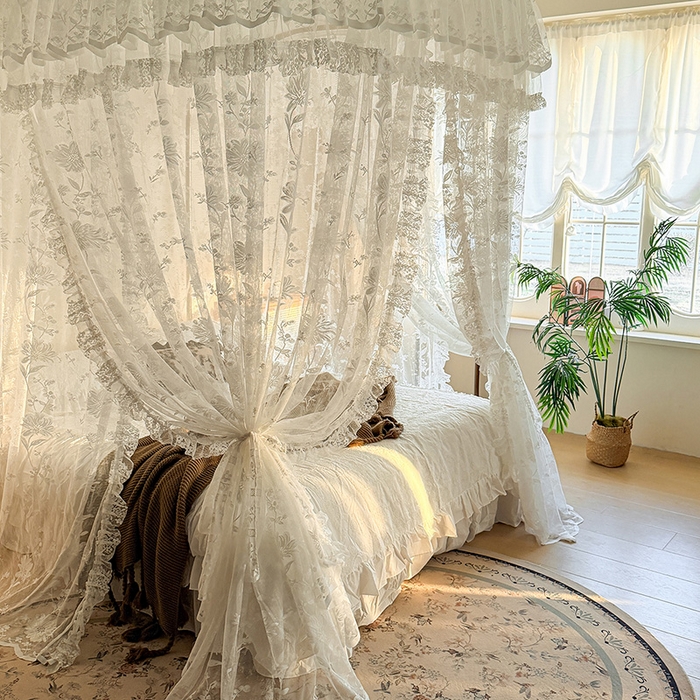 91家纺网 家纺一手货源 找家纺 都市缘蚊帐 2026新款浪漫303新款欧式蕾丝轨道蚊帐 春日里-奶油白