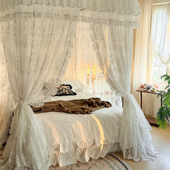91家纺网 家纺一手货源 找家纺 都市缘蚊帐 2026新款浪漫303新款欧式蕾丝轨道蚊帐 芬德拉-奶油白