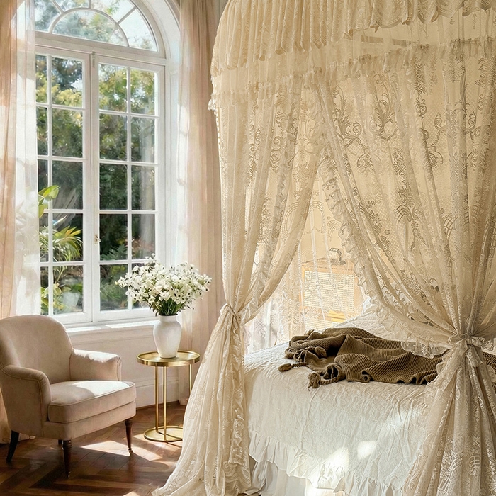 91家纺网 家纺一手货源 找家纺 都市缘蚊帐 2026新款浪漫303新款欧式蕾丝轨道蚊帐 芬德拉-奶油杏