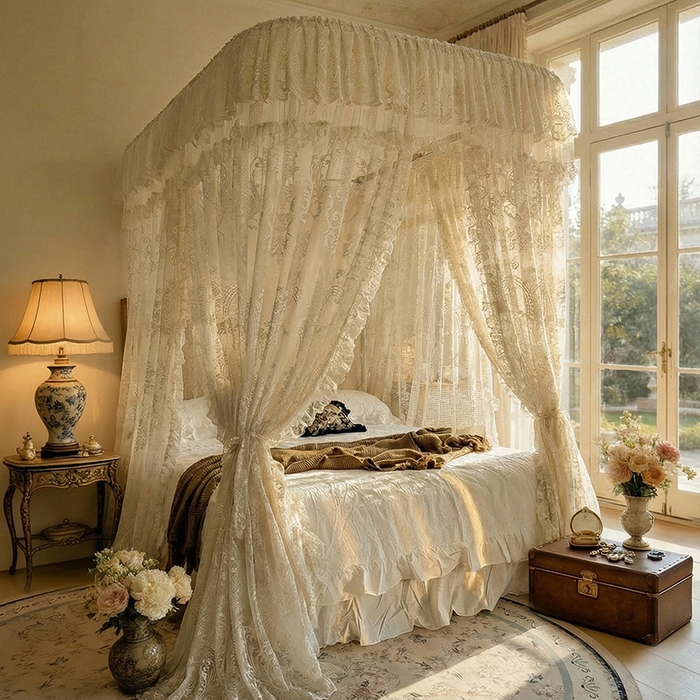 91家纺网 家纺一手货源 找家纺 都市缘蚊帐 2026新款浪漫303新款欧式蕾丝轨道蚊帐 芬德拉-奶油杏