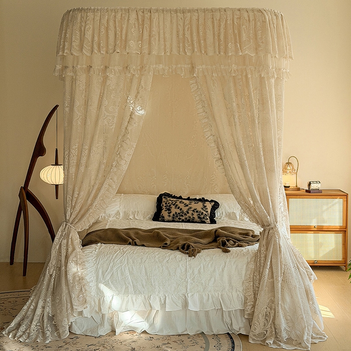 91家纺网 家纺一手货源 找家纺 都市缘蚊帐 2026新款浪漫303新款欧式蕾丝轨道蚊帐 芬德拉-奶油杏