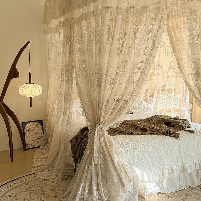 91家纺网 家纺一手货源 找家纺 都市缘蚊帐 2026新款浪漫303新款欧式蕾丝轨道蚊帐 芬德拉-奶油杏