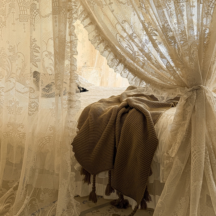 91家纺网 家纺一手货源 找家纺 都市缘蚊帐 2026新款浪漫303新款欧式蕾丝轨道蚊帐 芬德拉-奶油杏