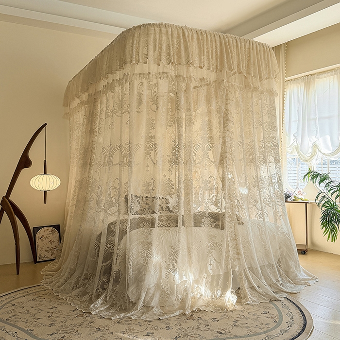 91家纺网 家纺一手货源 找家纺 都市缘蚊帐 2026新款浪漫303新款欧式蕾丝轨道蚊帐 芬德拉-奶油杏