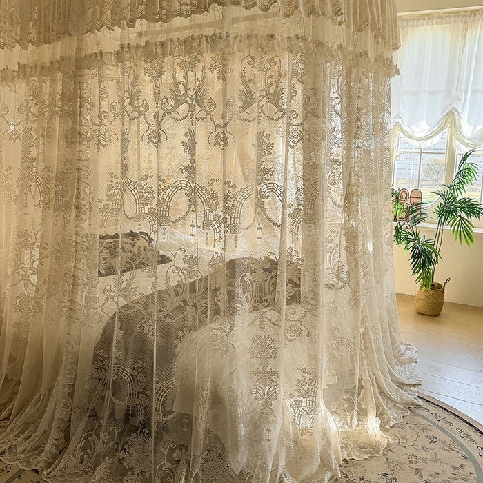 91家纺网 家纺一手货源 找家纺 都市缘蚊帐 2026新款浪漫303新款欧式蕾丝轨道蚊帐 芬德拉-奶油杏