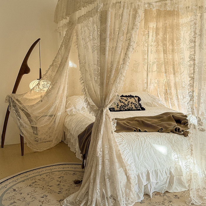 91家纺网 家纺一手货源 找家纺 都市缘蚊帐 2026新款浪漫303新款欧式蕾丝轨道蚊帐 芬德拉-奶油杏