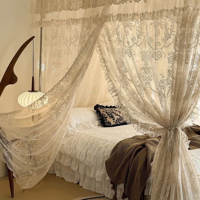 91家纺网 家纺一手货源 找家纺 都市缘蚊帐 2026新款浪漫303新款欧式蕾丝轨道蚊帐 芬德拉-奶油杏