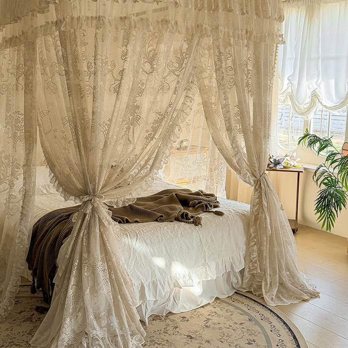 91家纺网 家纺一手货源 找家纺 都市缘蚊帐 2026新款浪漫303新款欧式蕾丝轨道蚊帐 芬德拉-奶油杏
