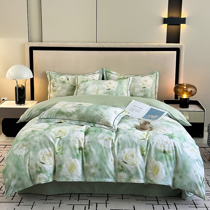 眷恋家纺 2026新款全棉春夏铂金棉13376数码印花四件套 墨雨云间-绿