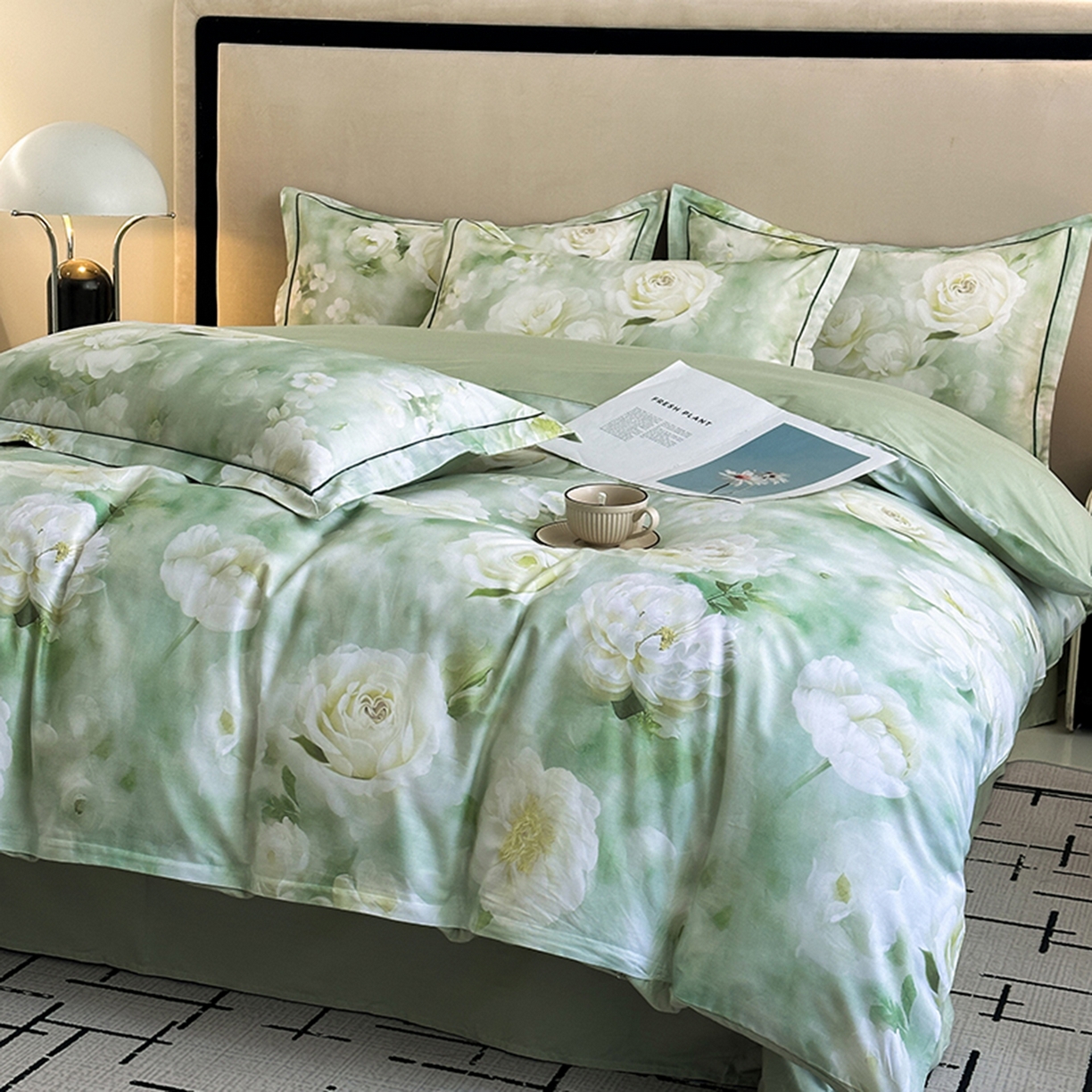 91家纺网 家纺一手货源 找家纺 眷恋家纺 2026新款全棉春夏铂金棉13376数码印花四件套 墨雨云间-绿