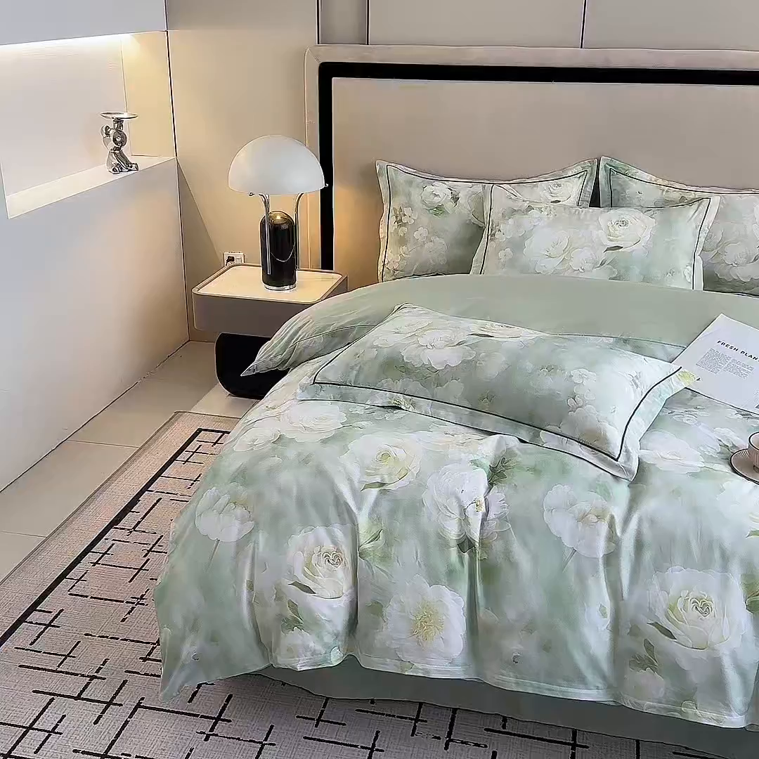 91家纺网 家纺一手货源 找家纺 眷恋家纺 2026新款全棉春夏铂金棉13376数码印花四件套 墨雨云间-绿