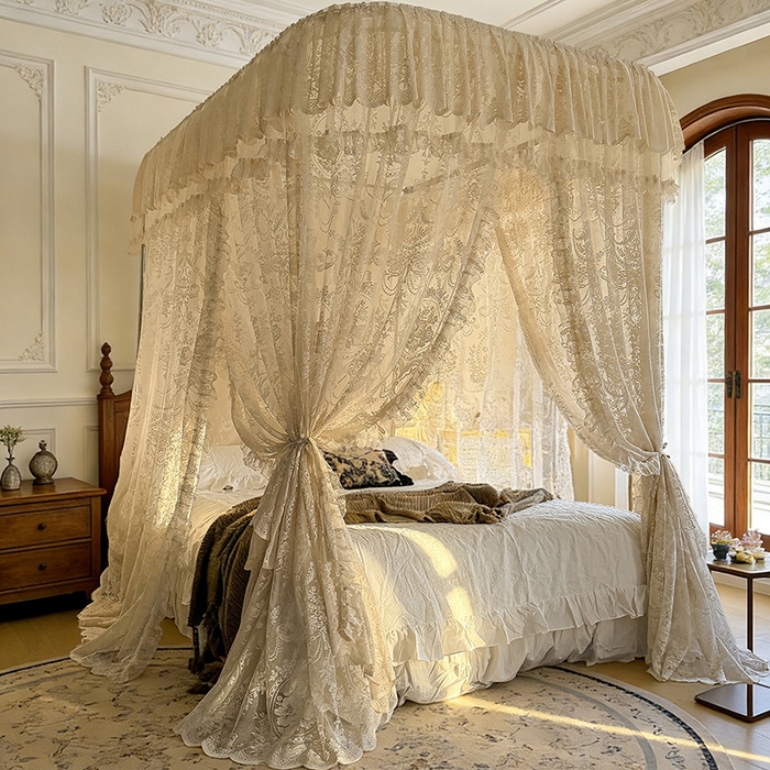 91家纺网 家纺一手货源 找家纺 都市缘蚊帐 2026新款浪漫303新款欧式蕾丝轨道蚊帐 挪威森林-奶油杏