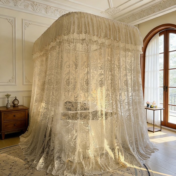 91家纺网 家纺一手货源 找家纺 都市缘蚊帐 2026新款浪漫303新款欧式蕾丝轨道蚊帐 挪威森林-奶油杏