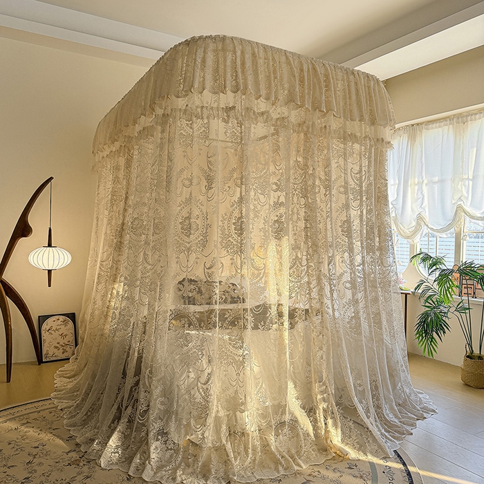 91家纺网 家纺一手货源 找家纺 都市缘蚊帐 2026新款浪漫303新款欧式蕾丝轨道蚊帐 挪威森林-奶油杏