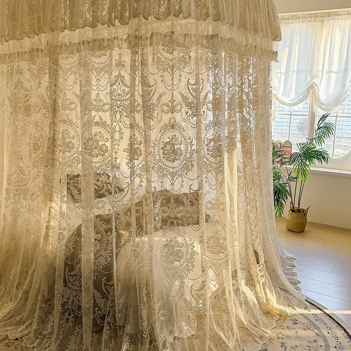 91家纺网 家纺一手货源 找家纺 都市缘蚊帐 2026新款浪漫303新款欧式蕾丝轨道蚊帐 挪威森林-奶油杏