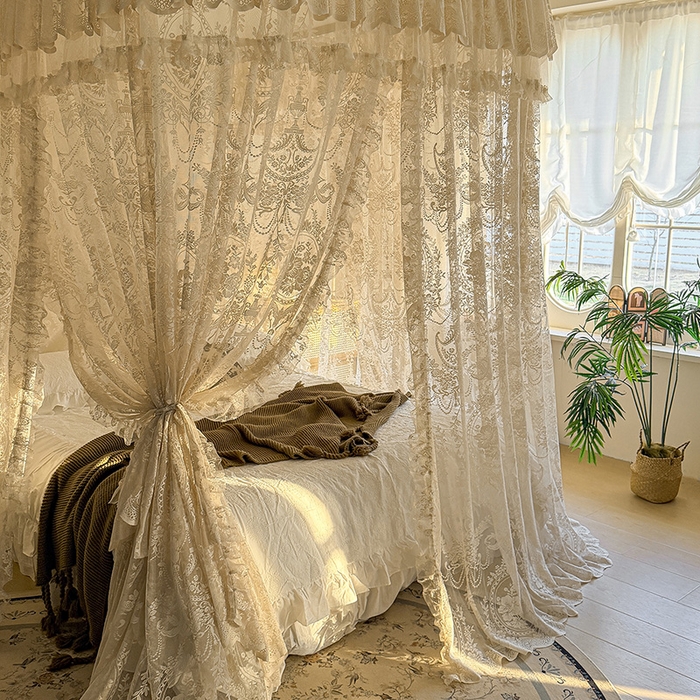 91家纺网 家纺一手货源 找家纺 都市缘蚊帐 2026新款浪漫303新款欧式蕾丝轨道蚊帐 挪威森林-奶油杏