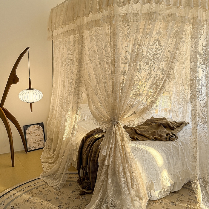 91家纺网 家纺一手货源 找家纺 都市缘蚊帐 2026新款浪漫303新款欧式蕾丝轨道蚊帐 挪威森林-奶油杏