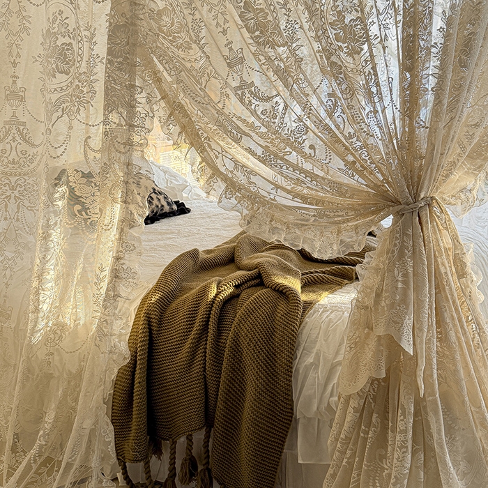 91家纺网 家纺一手货源 找家纺 都市缘蚊帐 2026新款浪漫303新款欧式蕾丝轨道蚊帐 挪威森林-奶油杏