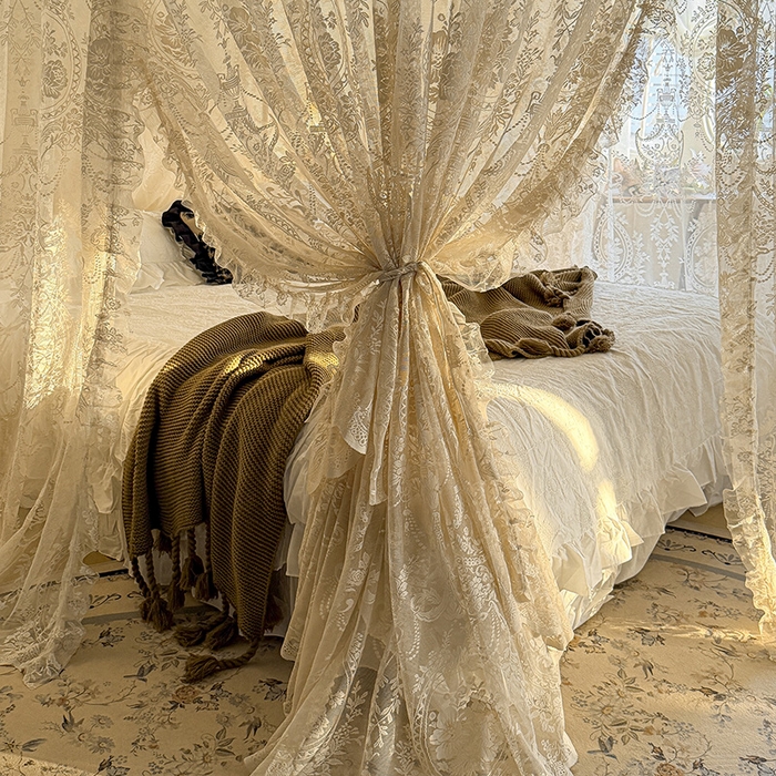 91家纺网 家纺一手货源 找家纺 都市缘蚊帐 2026新款浪漫303新款欧式蕾丝轨道蚊帐 挪威森林-奶油杏