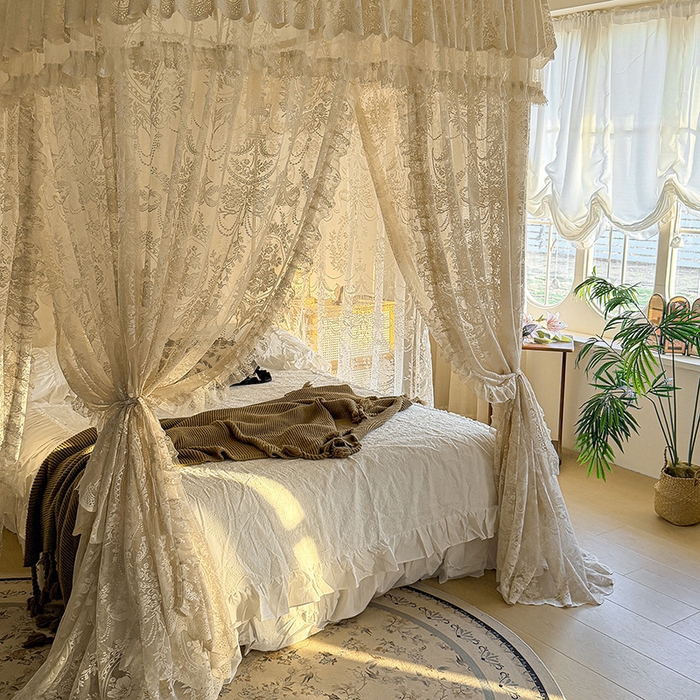 91家纺网 家纺一手货源 找家纺 都市缘蚊帐 2026新款浪漫303新款欧式蕾丝轨道蚊帐 挪威森林-奶油杏