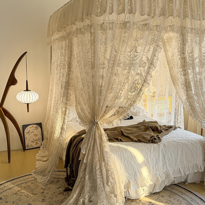 91家纺网 家纺一手货源 找家纺 都市缘蚊帐 2026新款浪漫303新款欧式蕾丝轨道蚊帐 挪威森林-奶油杏