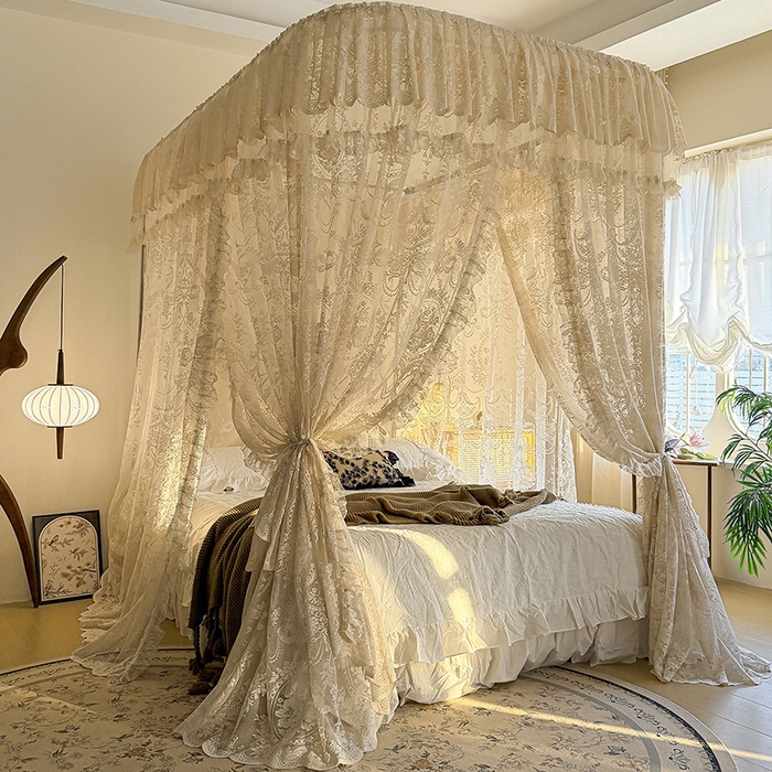 91家纺网 家纺一手货源 找家纺 都市缘蚊帐 2026新款浪漫303新款欧式蕾丝轨道蚊帐 挪威森林-奶油杏