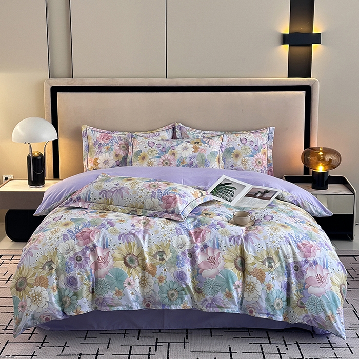 眷恋家纺 2026新款全棉春夏铂金棉13376数码印花四件套 普罗旺斯-紫