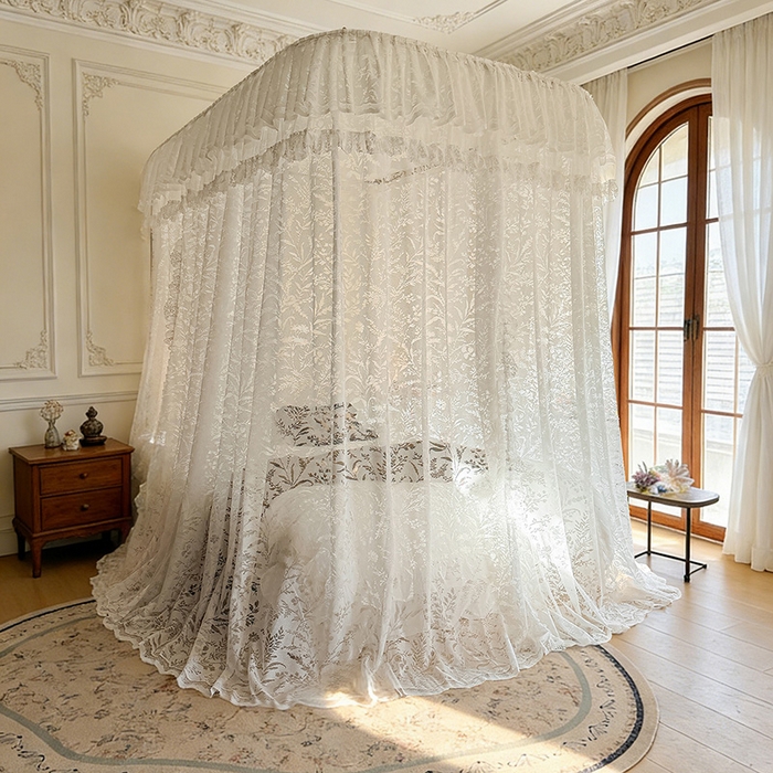 91家纺网 家纺一手货源 找家纺 都市缘蚊帐 2026新款浪漫303新款欧式蕾丝轨道蚊帐 盛夏-奶油白