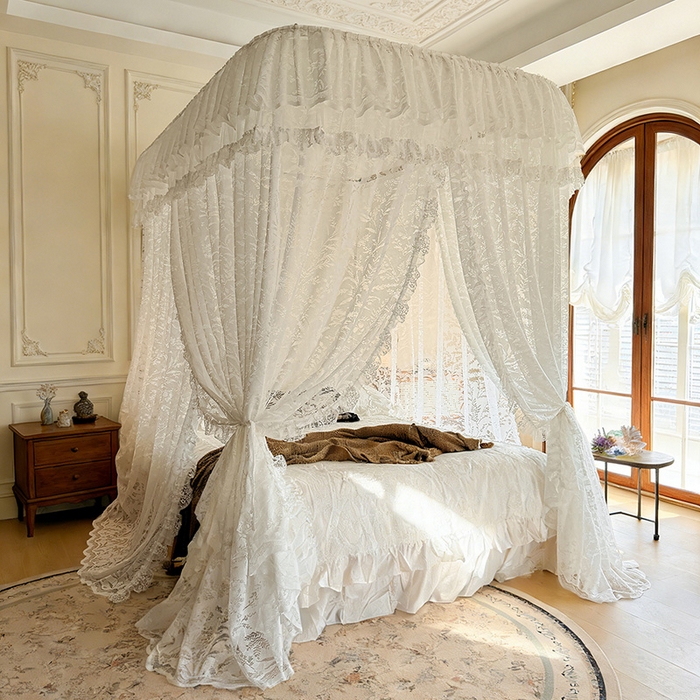 91家纺网 家纺一手货源 找家纺 都市缘蚊帐 2026新款浪漫303新款欧式蕾丝轨道蚊帐 盛夏-奶油白