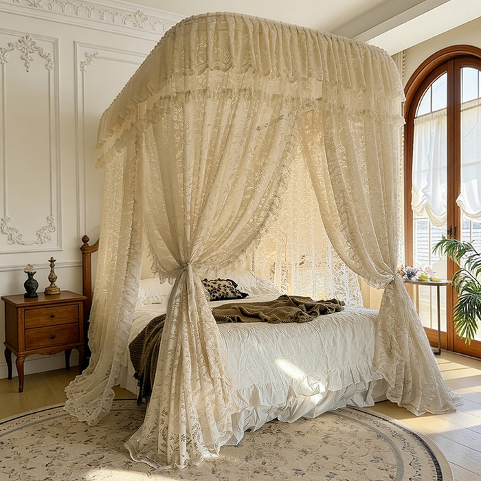 91家纺网 家纺一手货源 找家纺 都市缘蚊帐 2026新款浪漫303新款欧式蕾丝轨道蚊帐 盛夏-奶油杏