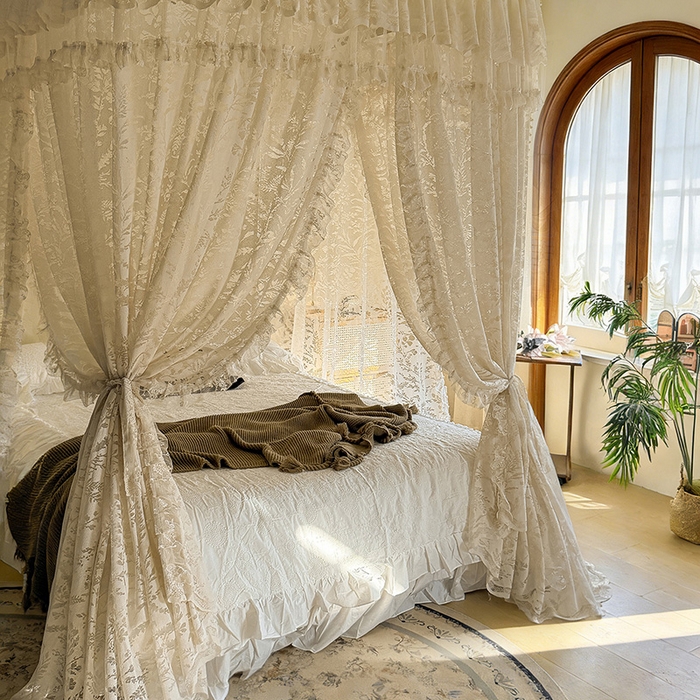 91家纺网 家纺一手货源 找家纺 都市缘蚊帐 2026新款浪漫303新款欧式蕾丝轨道蚊帐 盛夏-奶油杏