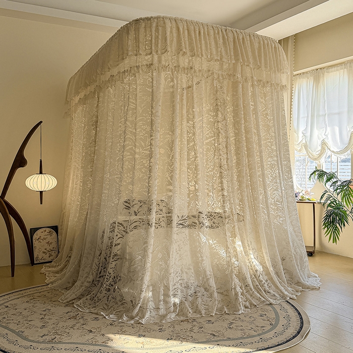 91家纺网 家纺一手货源 找家纺 都市缘蚊帐 2026新款浪漫303新款欧式蕾丝轨道蚊帐 盛夏-奶油杏