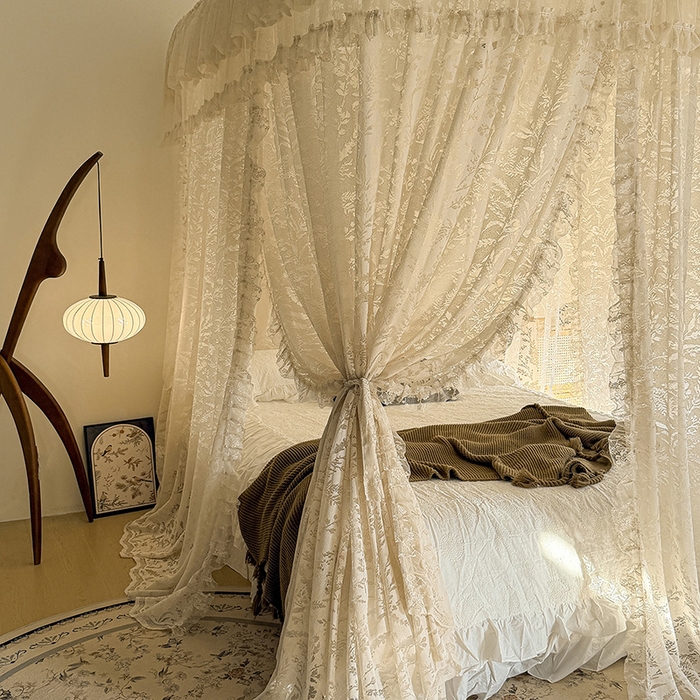 91家纺网 家纺一手货源 找家纺 都市缘蚊帐 2026新款浪漫303新款欧式蕾丝轨道蚊帐 盛夏-奶油杏
